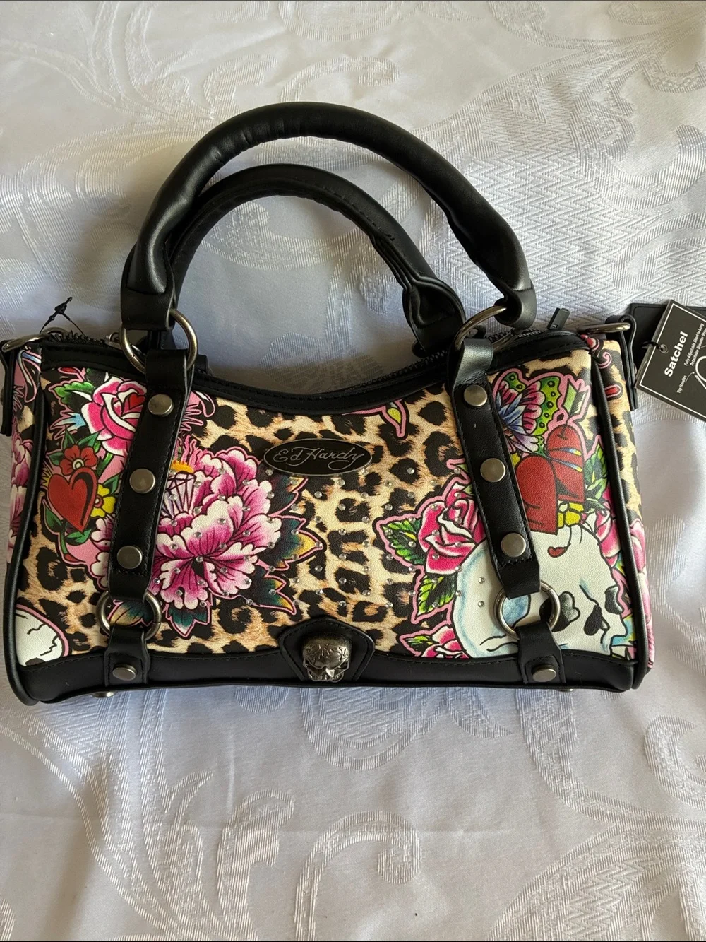 Ed Hardy Leopard Tattoo Satchel with Pink Floral Accents